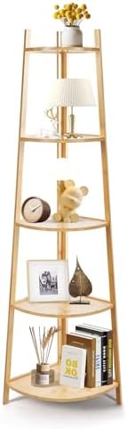 OUTREE Bamboo Corner Shelf 5 Tier Bookshelf Stand