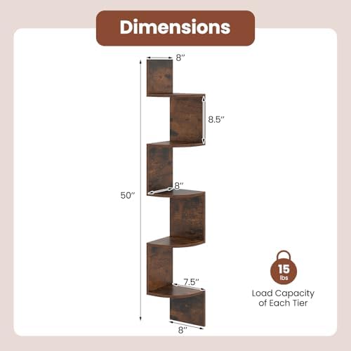 Giantex 5-Tier Floating Corner Bookshelf Wall Mounted Rustic Brown