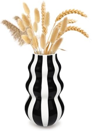 Daslich Black and White Ceramic Vase 866 in Tall Modern Striped Centerpiece