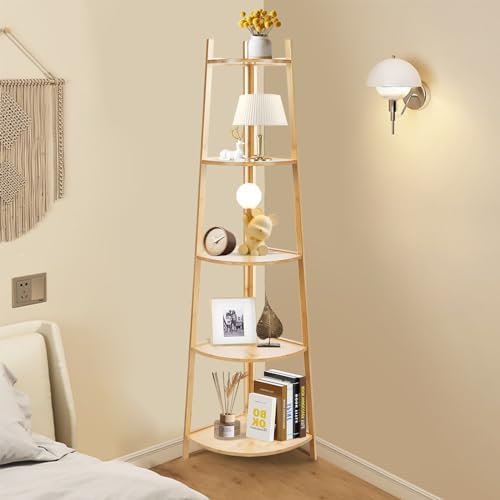 OUTREE Bamboo Corner Shelf 5 Tier Bookshelf Stand