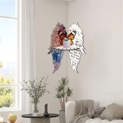 Wooden Floating Corner Shelf with Butterfly and Angel Wings Design