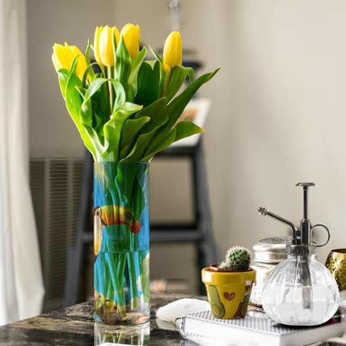 Toucan Bird Pattern Vase 118 Inch Tall Clear Cylinder