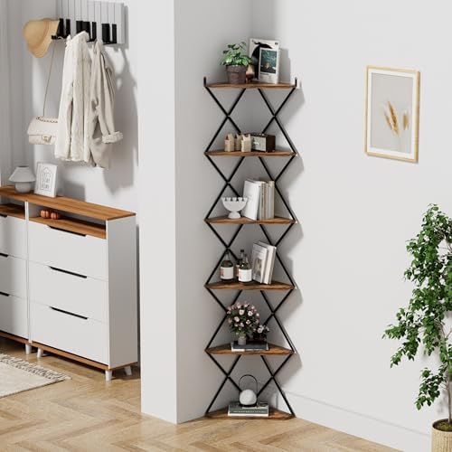 6 Tier Wall Mounted Corner Shelf Stand Industrial Rustic Brown