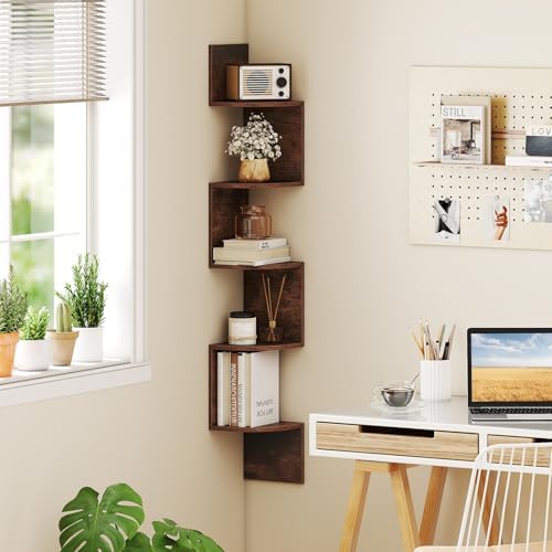 Giantex 5-Tier Floating Corner Bookshelf Wall Mounted Rustic Brown