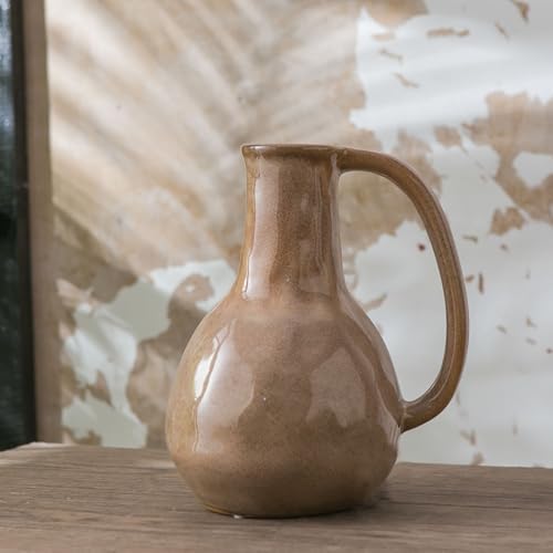 Brown Ceramic Vase with Big Handle for Farmhouse Decor