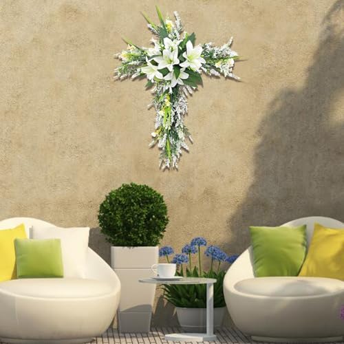 20 Inch Cross Shaped Artificial Lily Easter Wreath