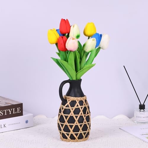 Rustic Farmhouse Ceramic Vase with Hand Woven Raffia