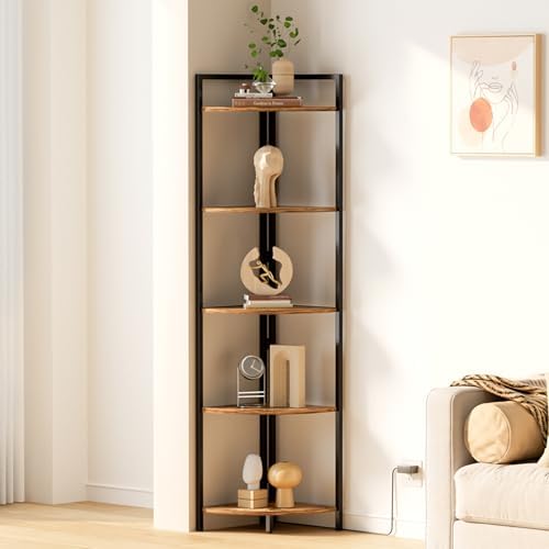 Gemfurque Rustic Brown 5 Tier Corner Shelf with LED Light