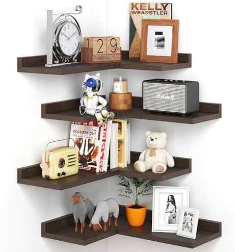 4 Tier Floating Corner Shelves - Rustic Walnut Wall Mount