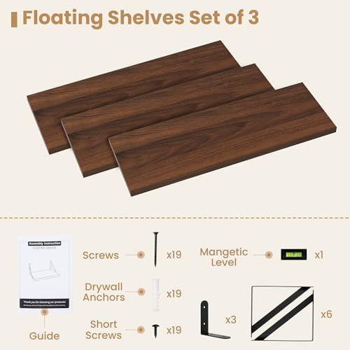 Set of 3 Floating Shelves 24 Inches Deep Walnut