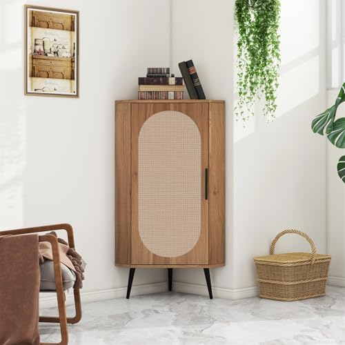 ZeHuoGe Corner Storage Cabinet with Rattan Door