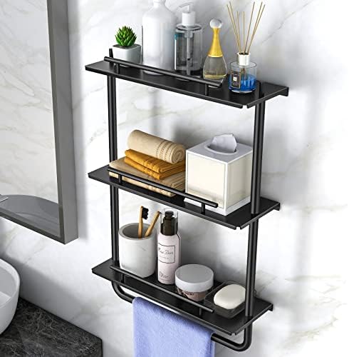 3 Tier Metal Floating Shelves Black with Frame and Towel Rack