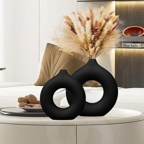 Black Matte Ceramic Donut Vase Set of 2
