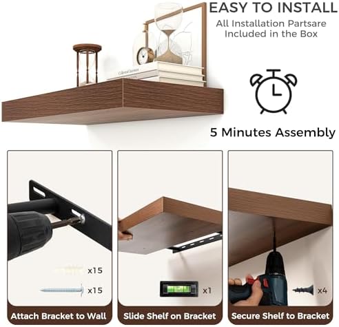 Venusmiles 72 Inch Walnut Floating Wall Shelf