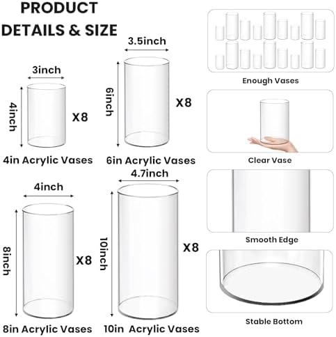 32 Pack Clear Acrylic Vases Set 4 6 8 10 Inches Tall
