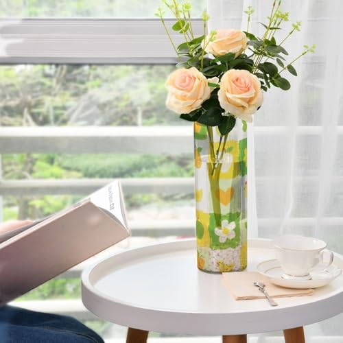Yellow Green Flower Checkered Pattern Plastic Vase 118x39 Inch Decorative