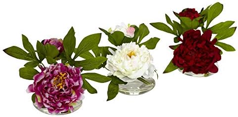 Nearly Natural Peony with Glass Vase Set of 3