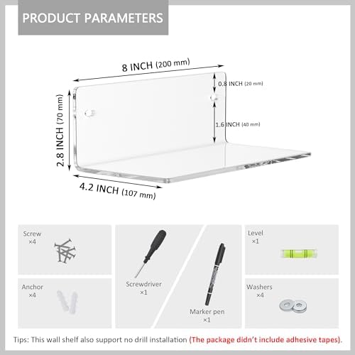 8 Inch Clear Acrylic Floating Wall Shelf 2 Pack Space Saving Organizer