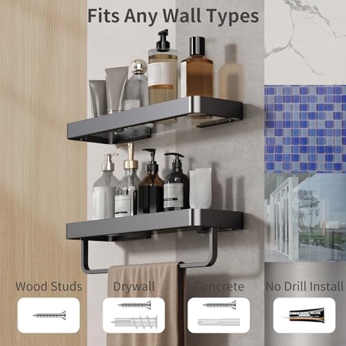 Danpoo 16 Inch Black Floating Bathroom Shelves with Towel Bar 2 Pack