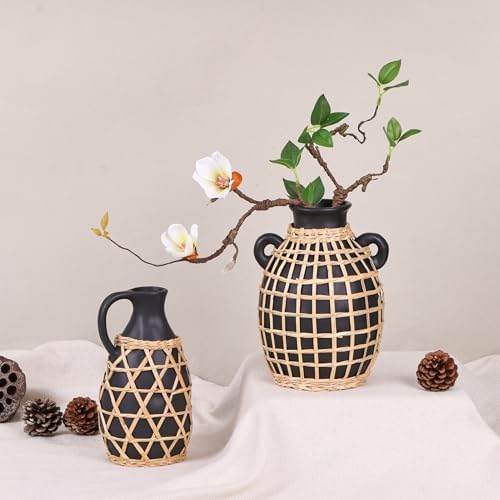 Rustic Farmhouse Ceramic Vase with Hand Woven Raffia