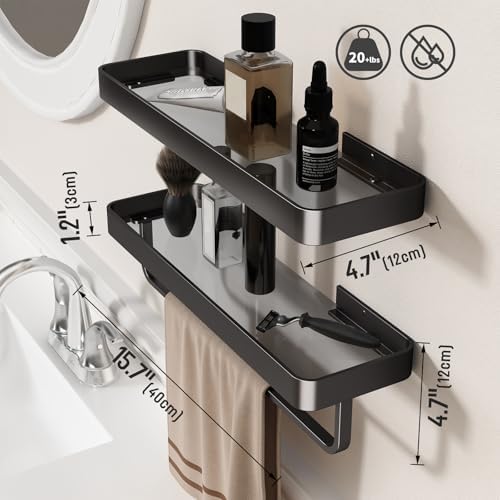 Danpoo 16 Inch Black Floating Bathroom Shelves with Towel Bar 2 Pack