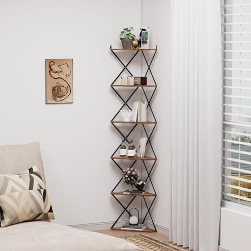 6 Tier Wall Mounted Corner Shelf Stand Industrial Rustic Brown