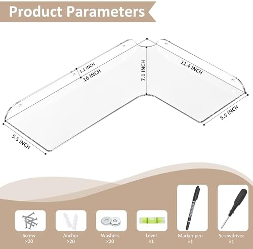 114x16 Inch Acrylic Corner Floating Shelf Set of 4