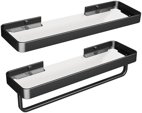 Danpoo 16 Inch Black Floating Bathroom Shelves with Towel Bar 2 Pack