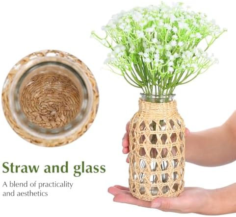 Angoily Glass Flower Vase with Rattan Woven Design