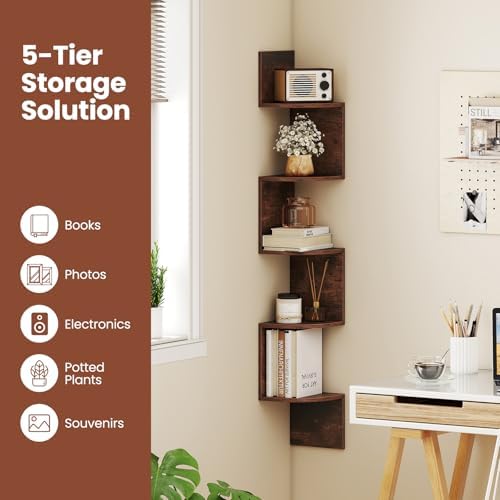 Giantex 5-Tier Floating Corner Bookshelf Wall Mounted Rustic Brown