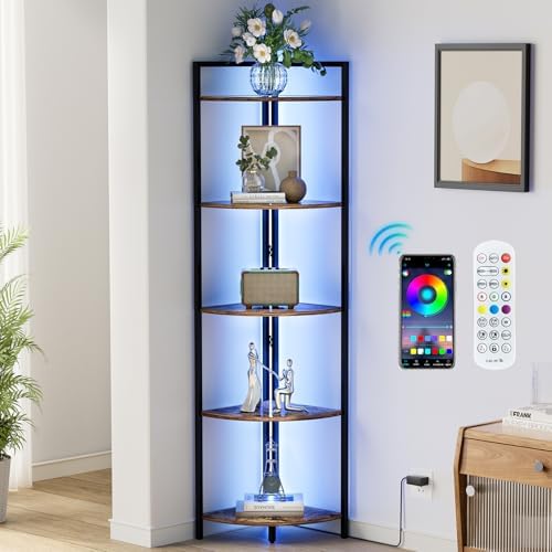 Gemfurque Rustic Brown 5 Tier Corner Shelf with LED Light