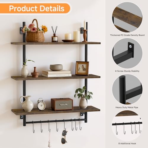 Industrial Pipe 3-Tier Wall Shelves with Towel Bar