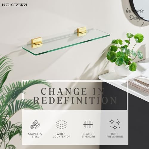 KOKOSIRI Floating Glass Shelf with Brushed Gold Design