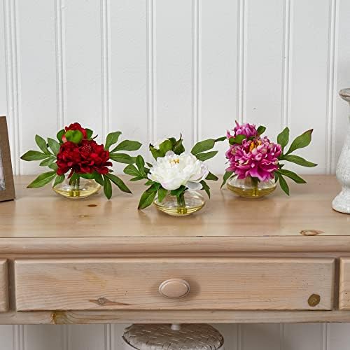 Nearly Natural Peony with Glass Vase Set of 3