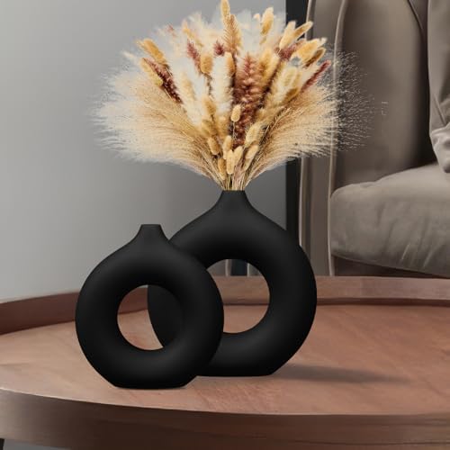 Black Matte Ceramic Donut Vase Set of 2