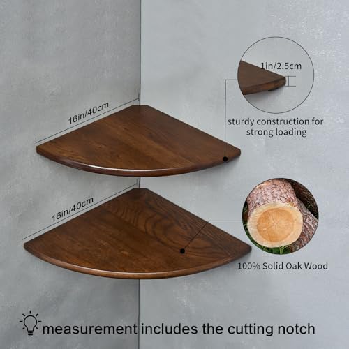 Set of 2 Floating Corner Shelves in Solid Oak Wood