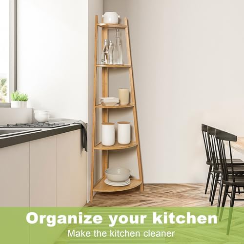 OUTREE Bamboo Corner Shelf 5 Tier Bookshelf Stand