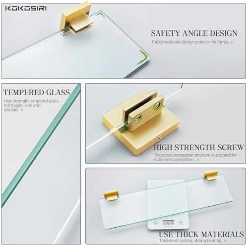 KOKOSIRI Floating Glass Shelf with Brushed Gold Design