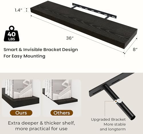 36 Inch Floating Shelves Set of 2 with Invisible Brackets Black