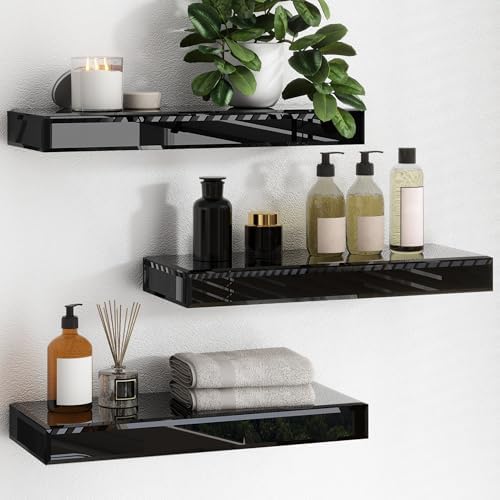 SHYFOY Black Glass Floating Shelves Set of 3