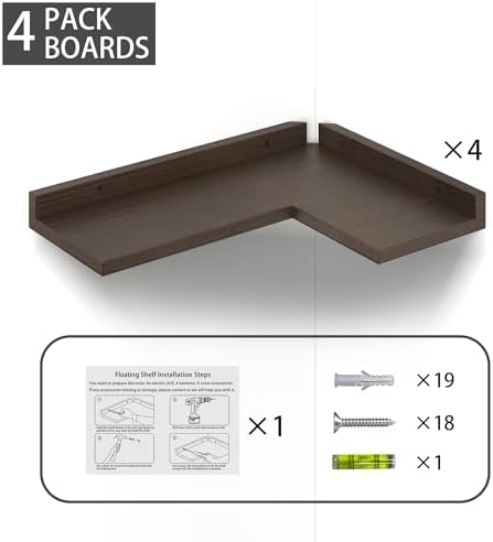 4 Tier Floating Corner Shelves - Rustic Walnut Wall Mount