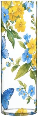 Yellow Blue Flower Pattern Clear Plastic Cylinder Vase 118 Inch Tall