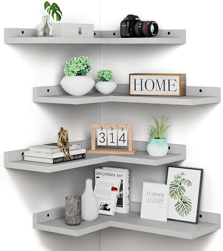 4 Tier Floating Corner Shelves Grey Set of 4