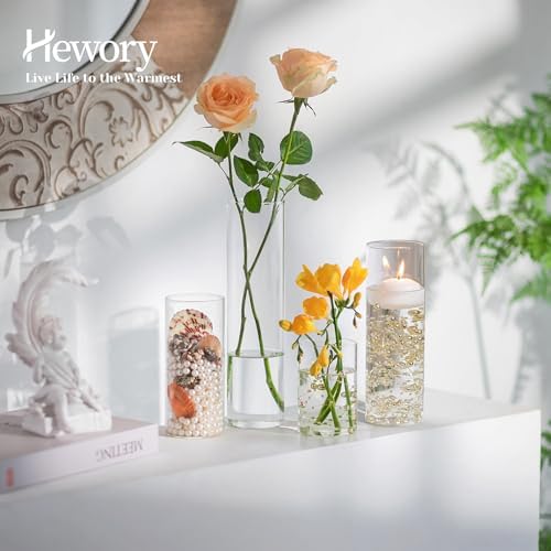 Hewory Clear Glass Cylinder Vases Set of 12 with Pearl String