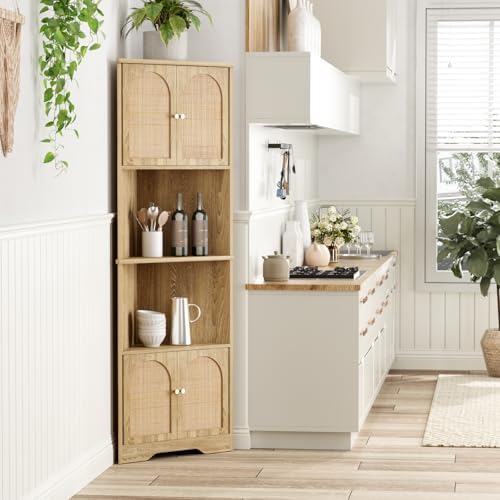 57H Tall Corner Cabinet with Handmade Rattan Doors