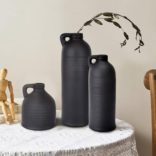 Black Ceramic Vase Set of 3 for Home Decor