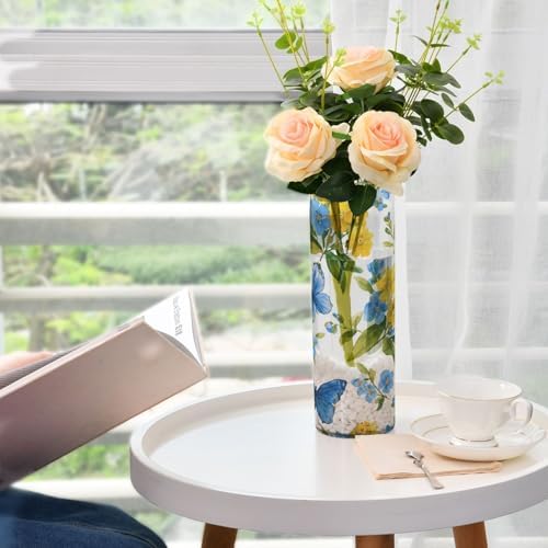 Yellow Blue Flower Pattern Clear Plastic Cylinder Vase 118 Inch Tall
