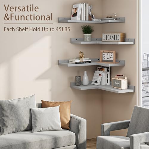 4 Tier Floating Corner Shelves Grey Set of 4