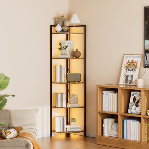 Gemfurque Rustic Brown 5 Tier Corner Shelf with LED Light