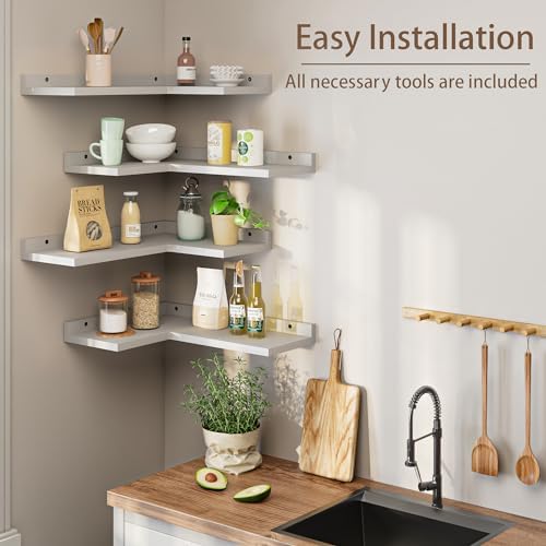 4 Tier Floating Corner Shelves Grey Set of 4